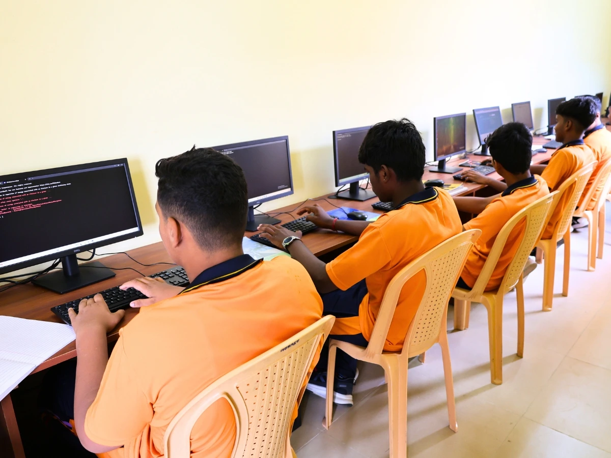 Students learning in a smart classroom with modern teaching technology